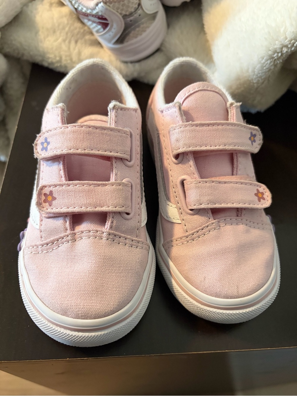 Vans Pink Canvas Kids Velcro Sneakers with Flower Accents
